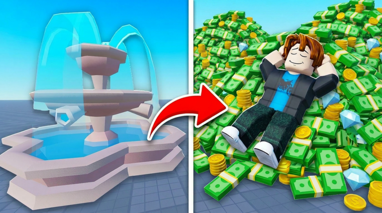 Throw a Coin fountain leading to a pile of cash